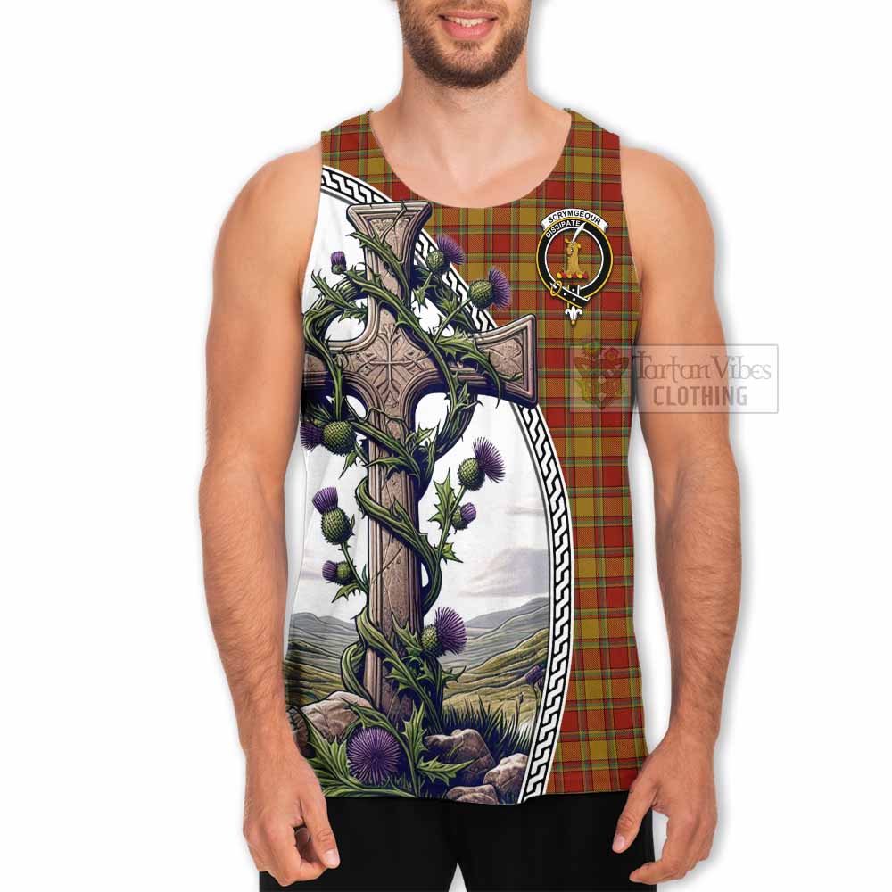 Tartan Vibes Clothing Scrymgeour Tartan Men's Tank Top with Family Crest and St. Andrew's Cross Accented by Thistle Vines