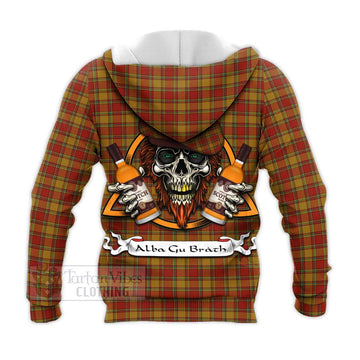 Scrymgeour Tartan Knitted Hoodie with Family Crest and Bearded Skull Holding Bottles of Whiskey