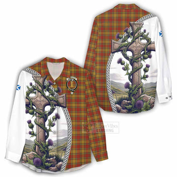 Scrymgeour Tartan Women's Casual Shirt with Family Crest and St. Andrew's Cross Accented by Thistle Vines - Tartan Vibes Clothing