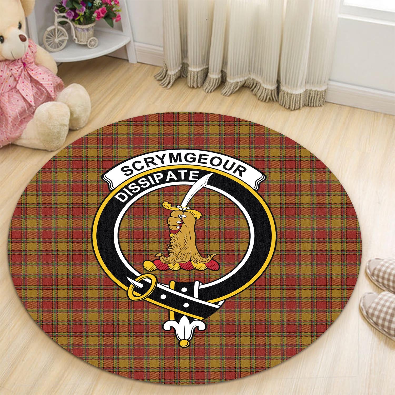 scrymgeour-tartan-round-rug-with-family-crest