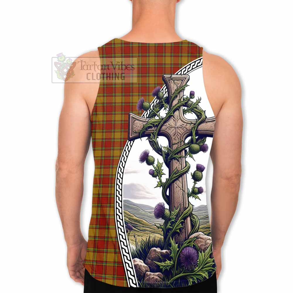 Tartan Vibes Clothing Scrymgeour Tartan Men's Tank Top with Family Crest and St. Andrew's Cross Accented by Thistle Vines