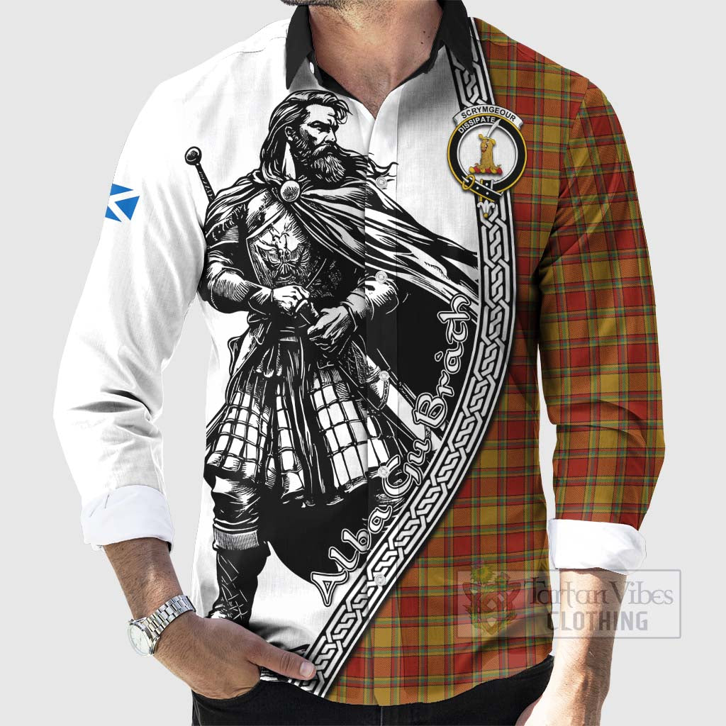 Tartan Vibes Clothing Scrymgeour Tartan Clan Crest Long Sleeve Button Shirt with Highlander Warrior Celtic Style