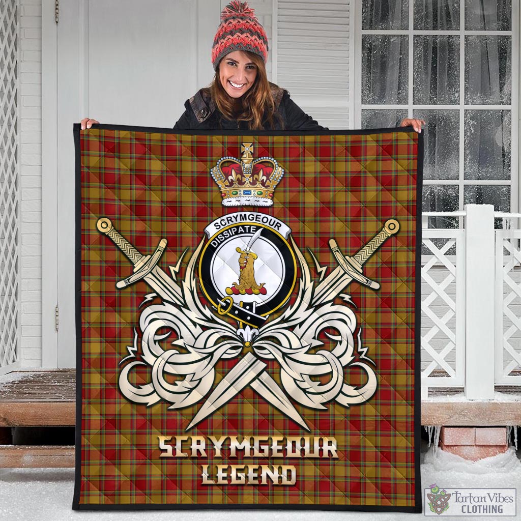 Tartan Vibes Clothing Scrymgeour Tartan Quilt with Clan Crest and the Golden Sword of Courageous Legacy