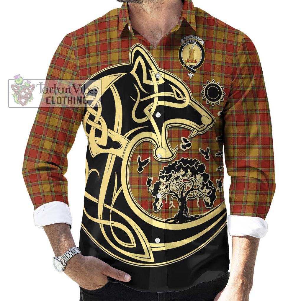 Scrymgeour Tartan Long Sleeve Button Shirt with Family Crest Celtic Wolf Style - Tartan Vibes Clothing