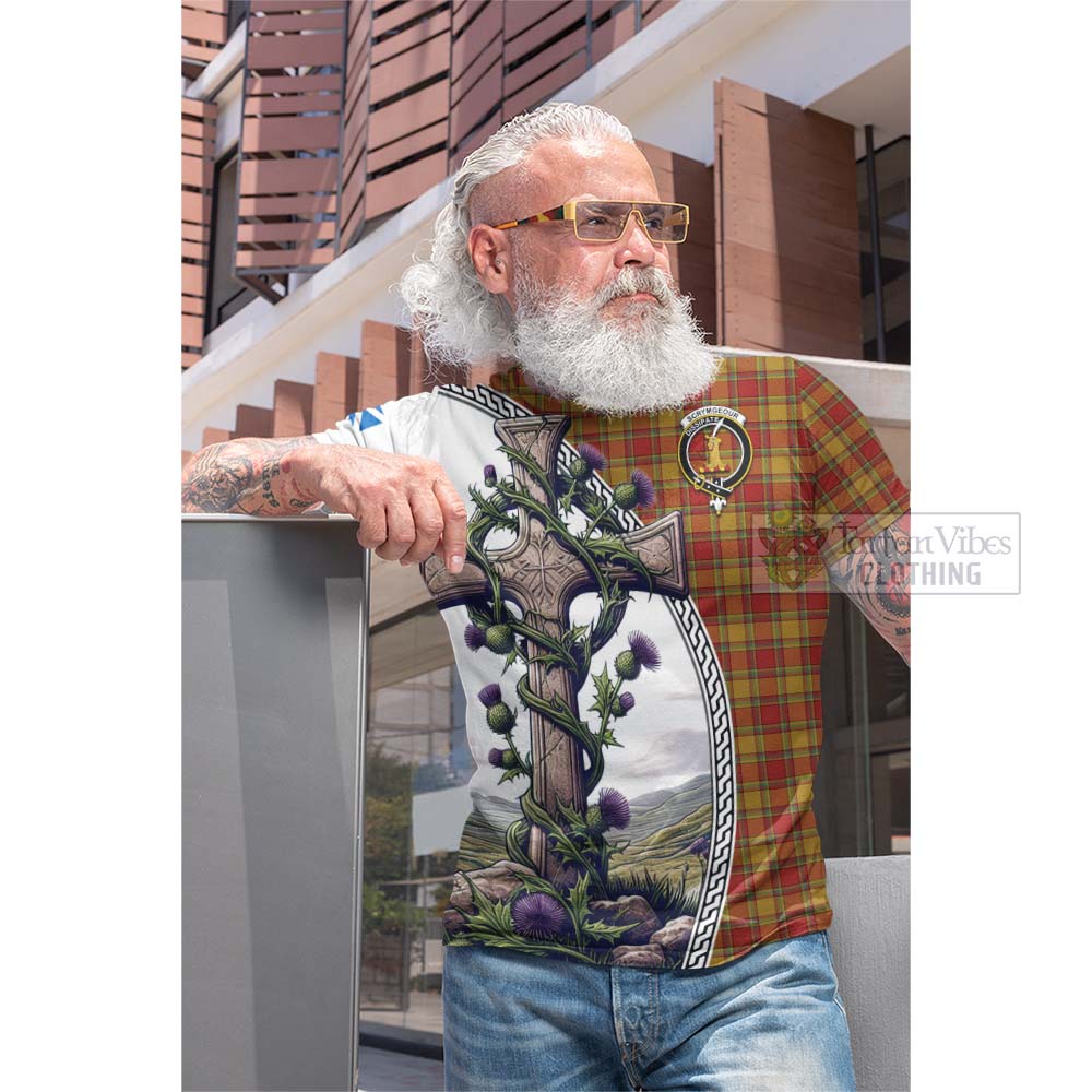 Tartan Vibes Clothing Scrymgeour Tartan Cotton T-shirt with Family Crest and St. Andrew's Cross Accented by Thistle Vines