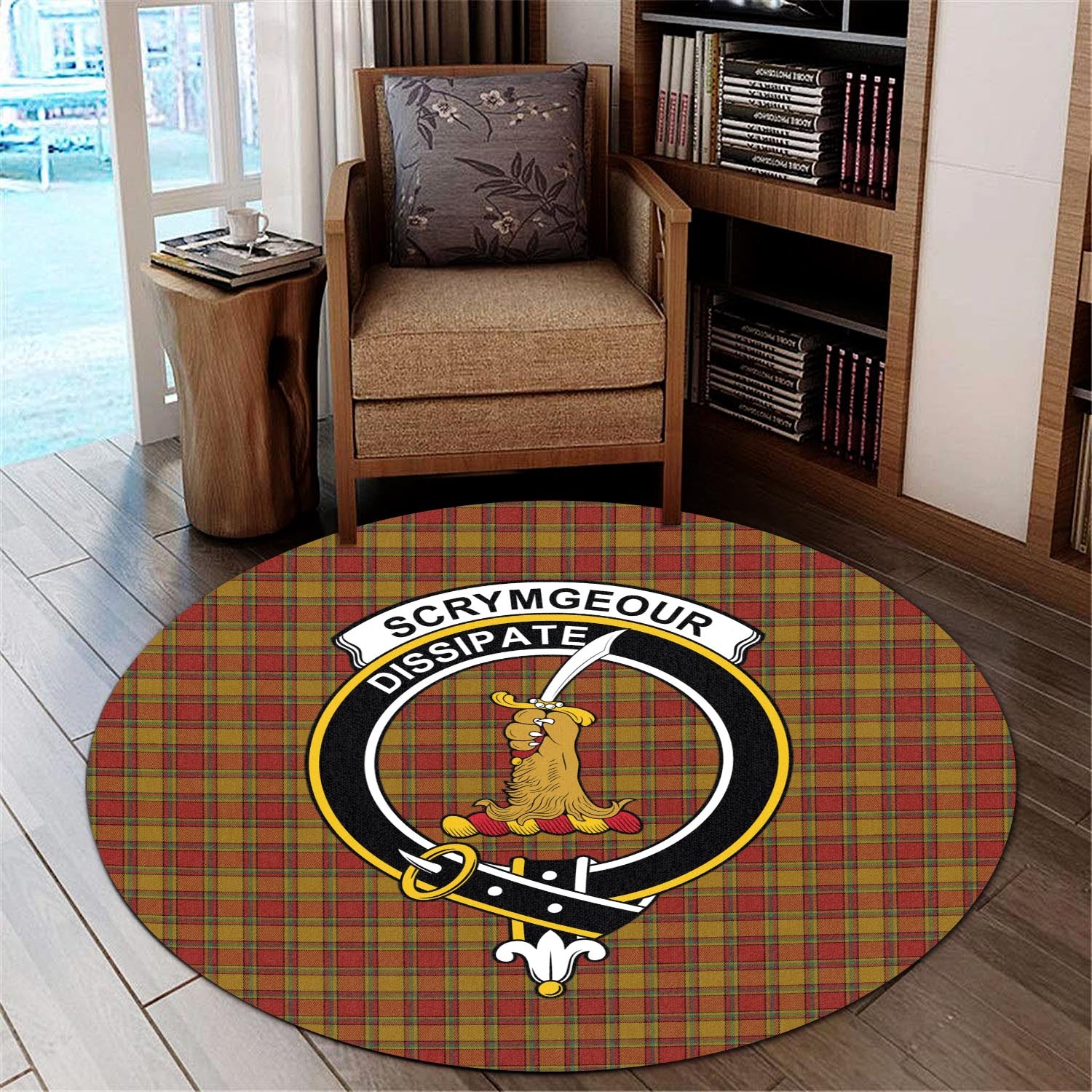 scrymgeour-tartan-round-rug-with-family-crest