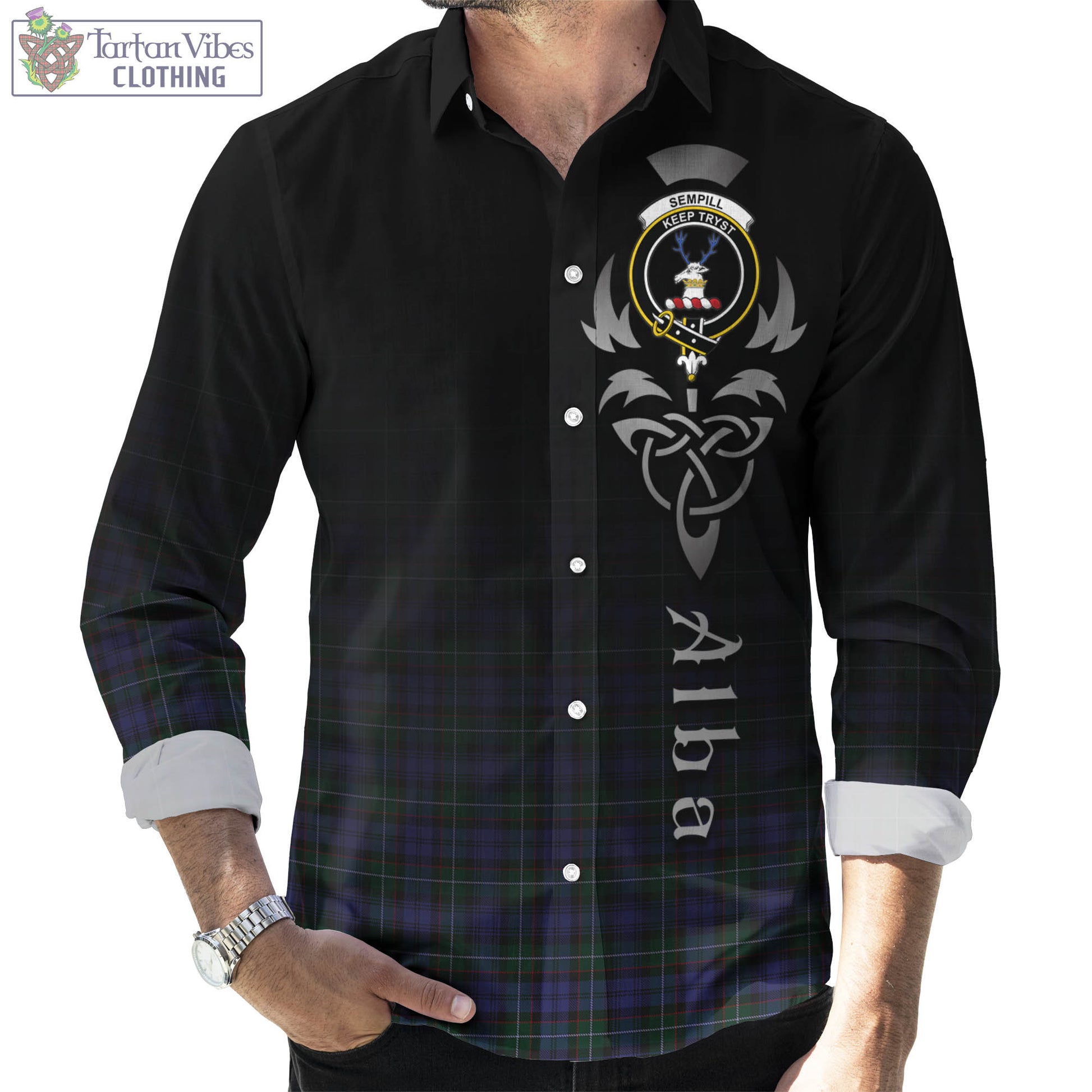 Tartan Vibes Clothing Sempill Tartan Long Sleeve Button Up Featuring Alba Gu Brath Family Crest Celtic Inspired