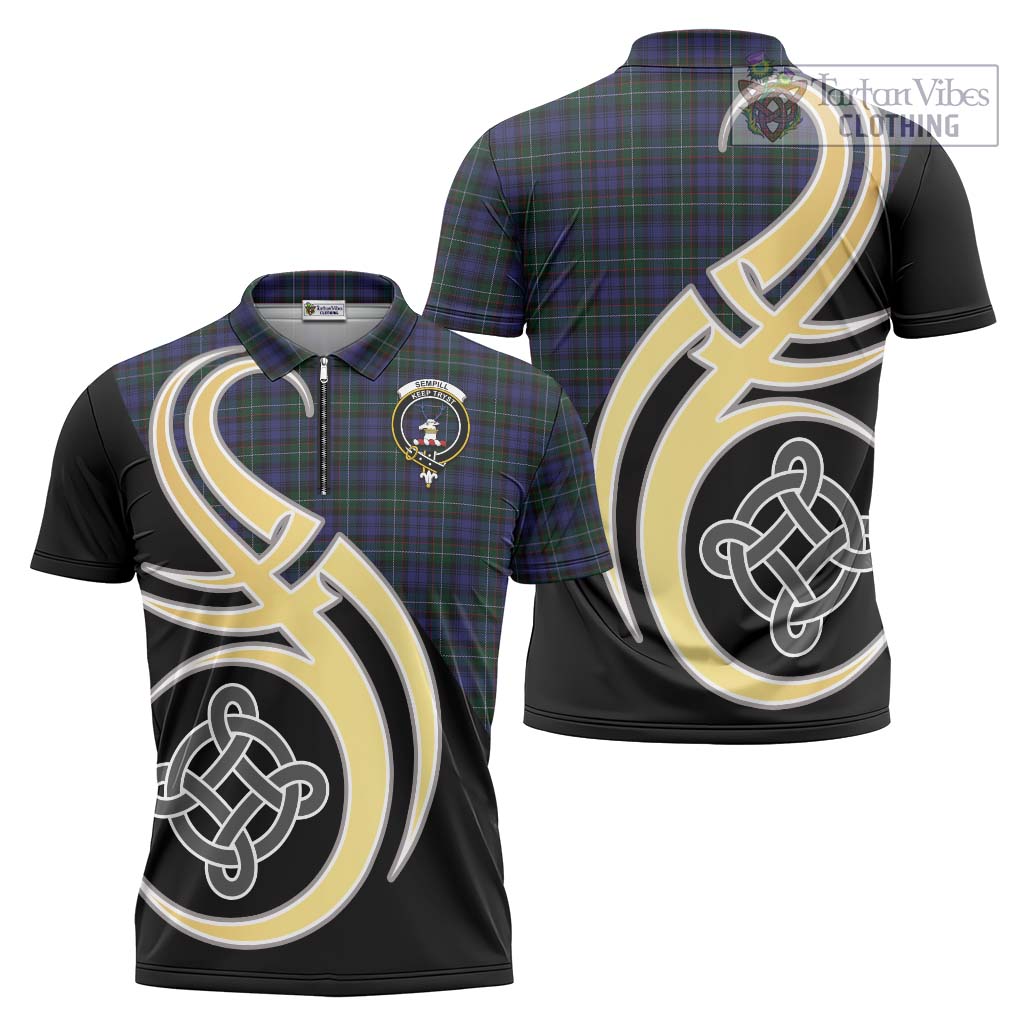 Tartan Vibes Clothing Sempill Tartan Zipper Polo Shirt with Family Crest and Celtic Symbol Style