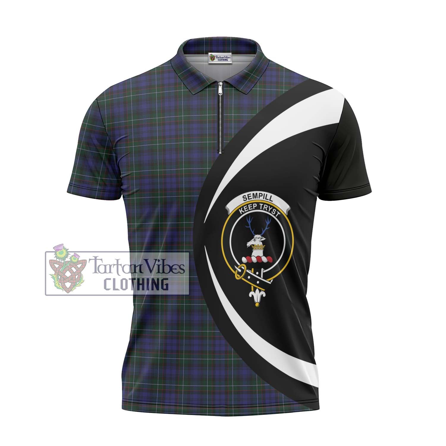 Sempill (Semple) Tartan Zipper Polo Shirt with Family Crest Circle Style - Tartan Vibes Clothing