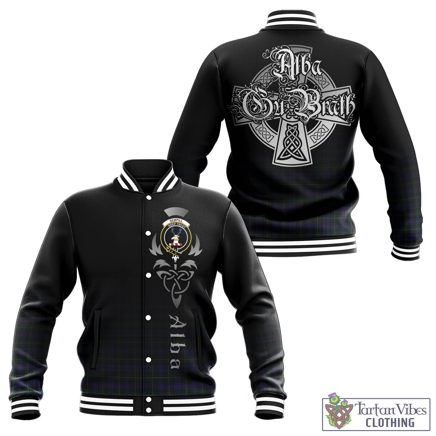 Tartan Vibes Clothing Sempill Tartan Baseball Jacket Featuring Alba Gu Brath Family Crest Celtic Inspired