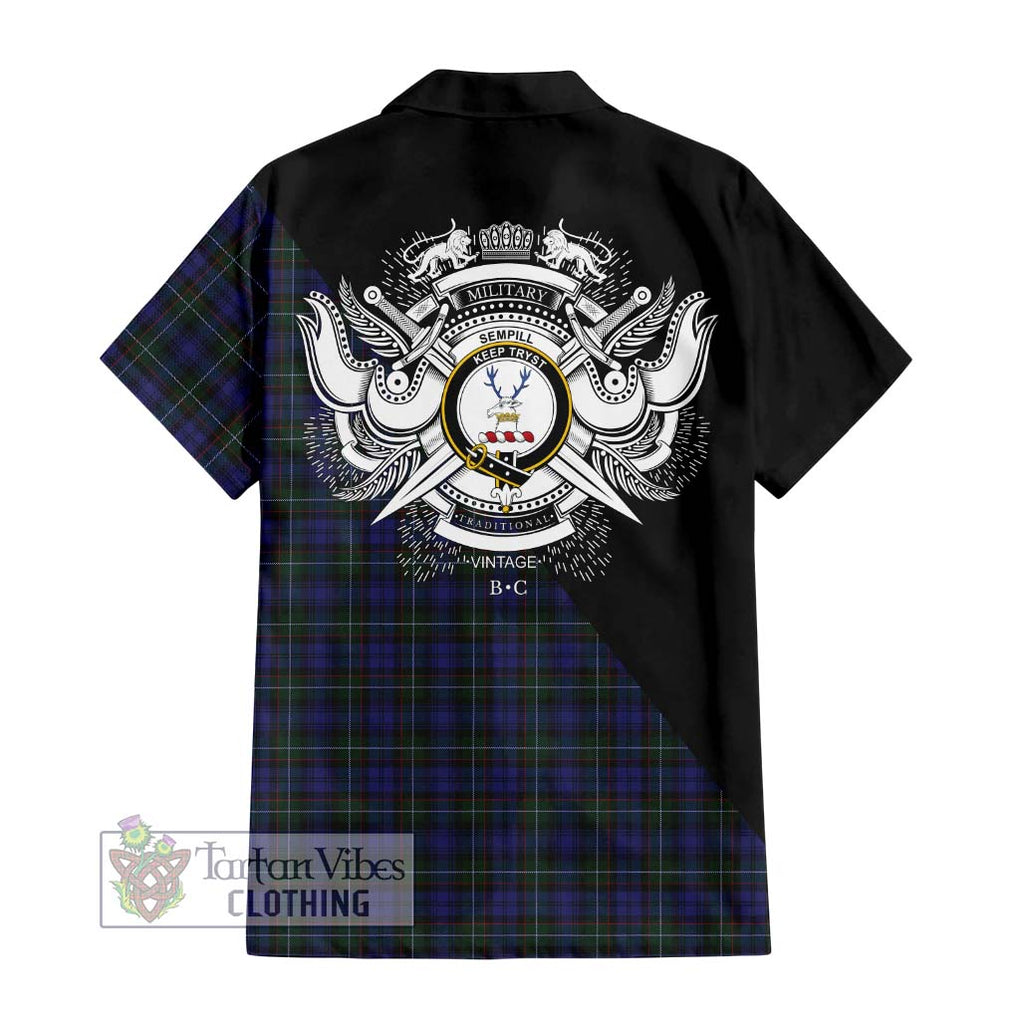 Sempill (Semple) Tartan Short Sleeve Button Shirt with Family Crest and Military Logo Style - Tartanvibesclothing Shop