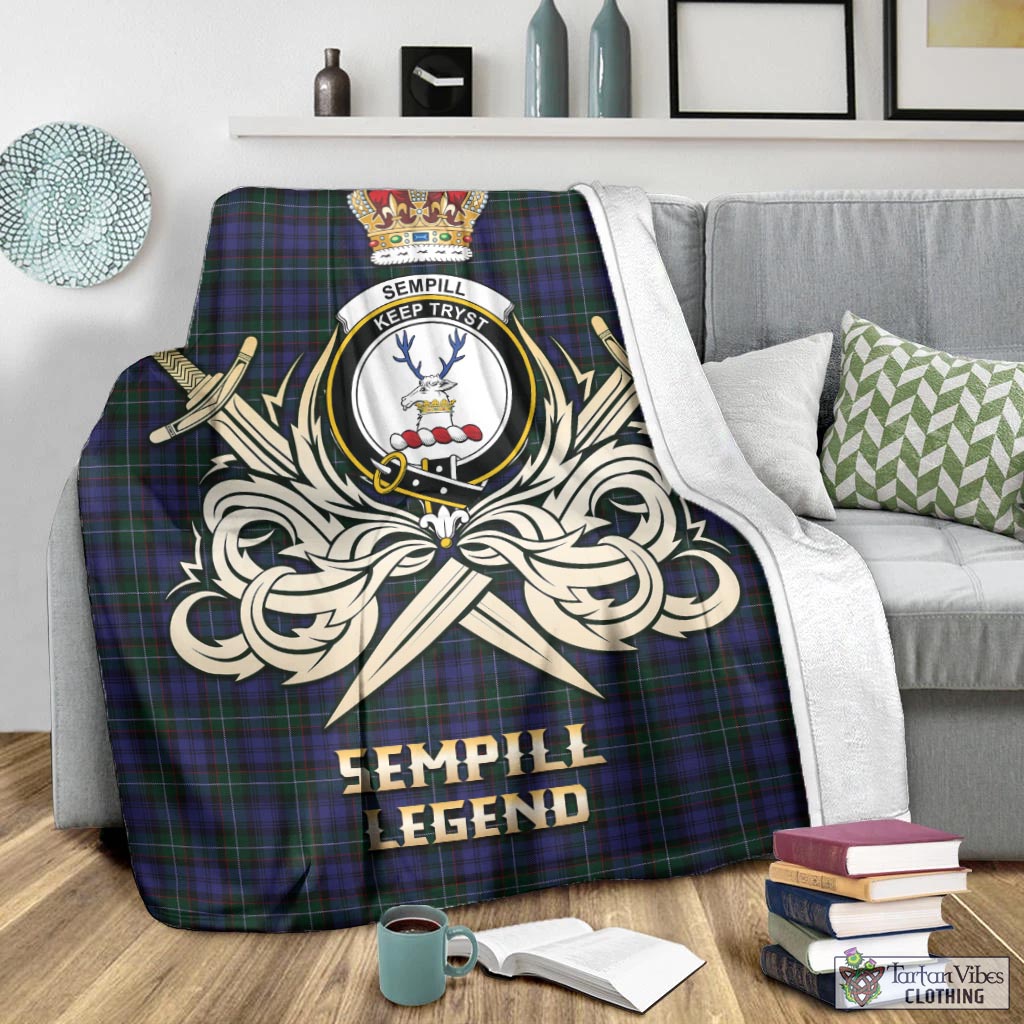 Tartan Vibes Clothing Sempill Tartan Blanket with Clan Crest and the Golden Sword of Courageous Legacy