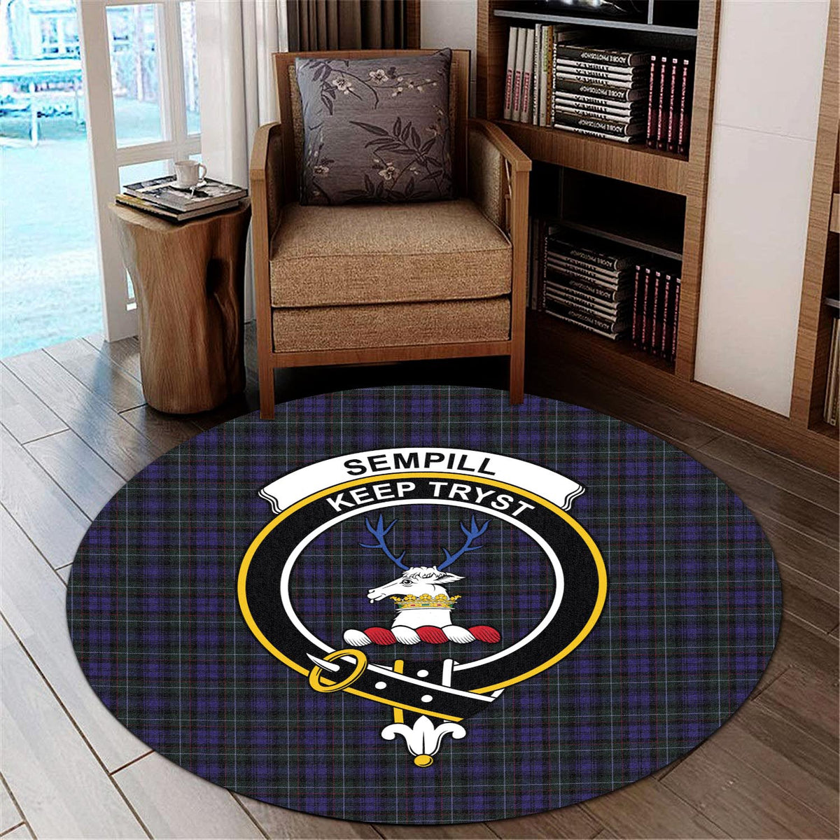 Sempill (Semple) Tartan Round Rug with Family Crest - Tartan Vibes Clothing