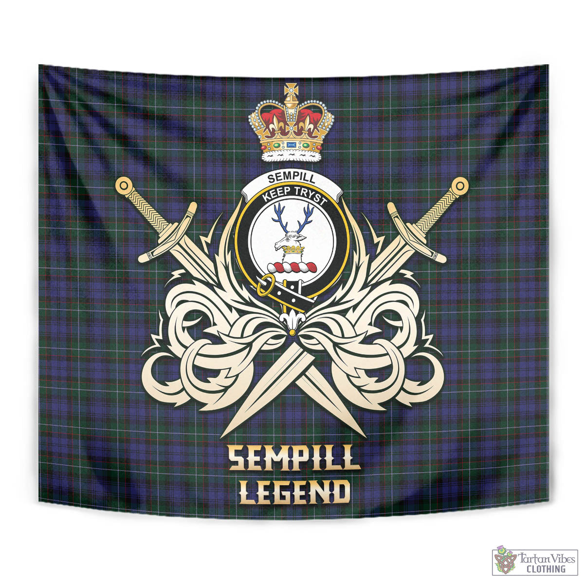 Tartan Vibes Clothing Sempill Tartan Tapestry with Clan Crest and the Golden Sword of Courageous Legacy