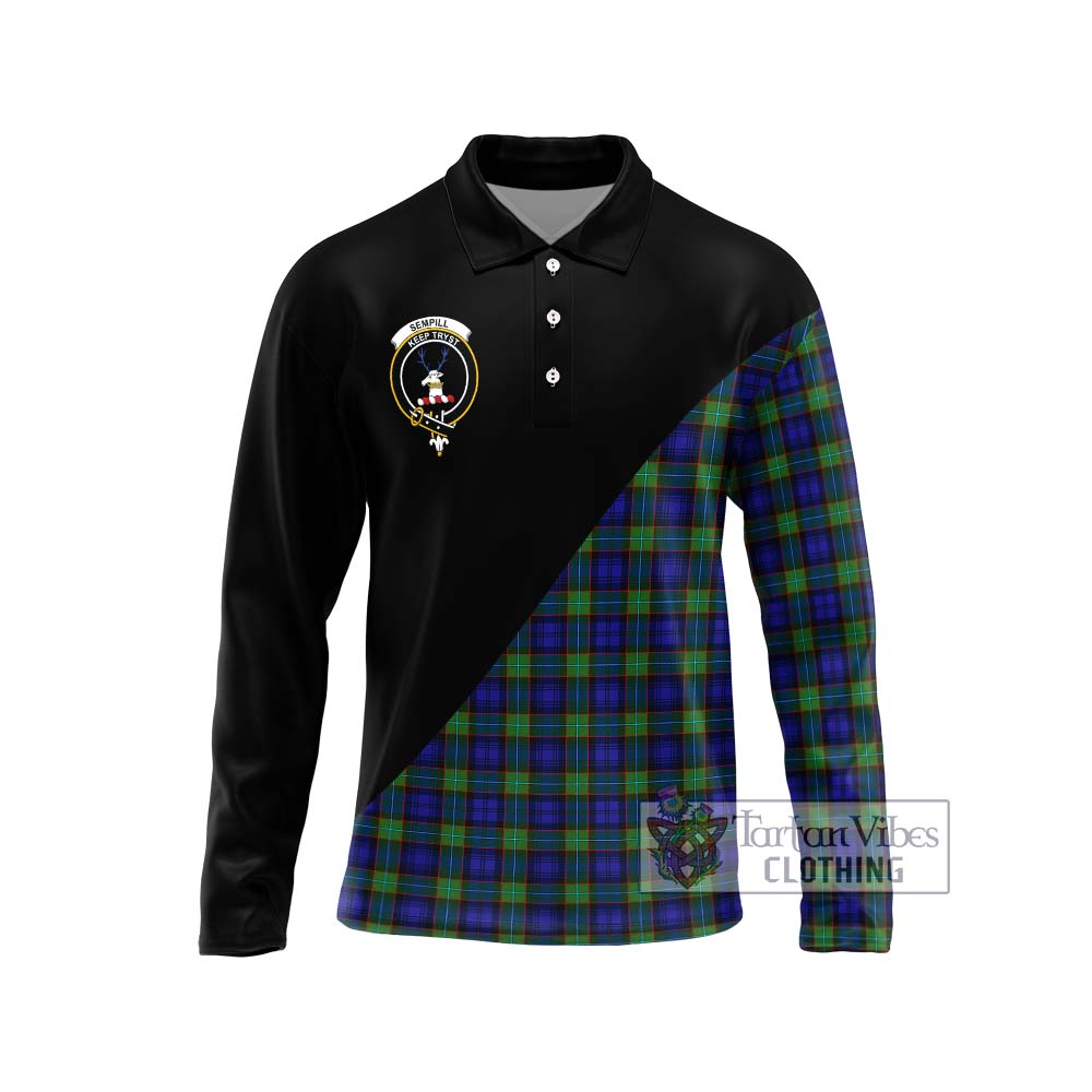 Sempill Modern Tartan Long Sleeve Polo Shirt with Family Crest and Military Logo Style Unisex - Tartanvibesclothing Shop