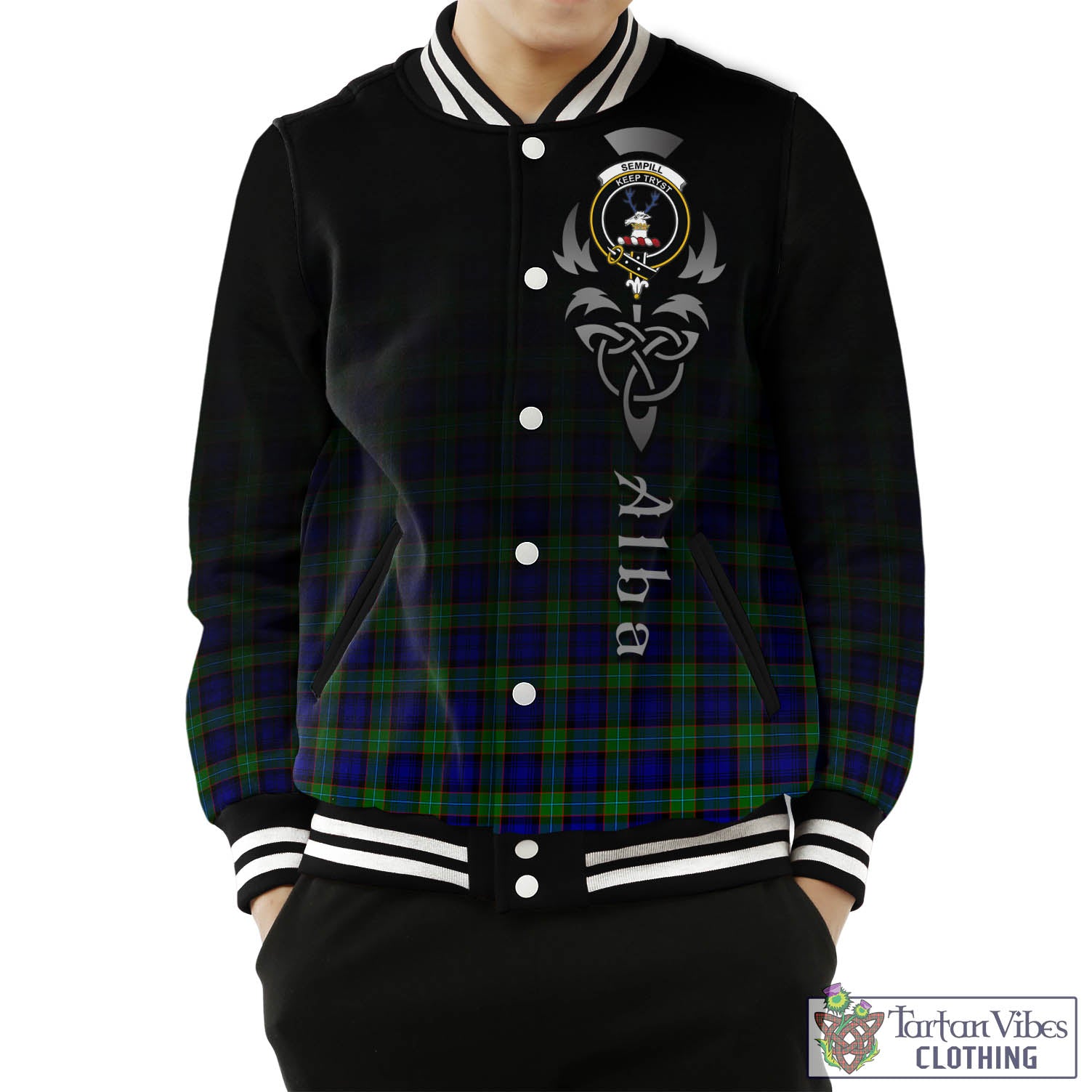 Tartan Vibes Clothing Sempill Modern Tartan Baseball Jacket Featuring Alba Gu Brath Family Crest Celtic Inspired