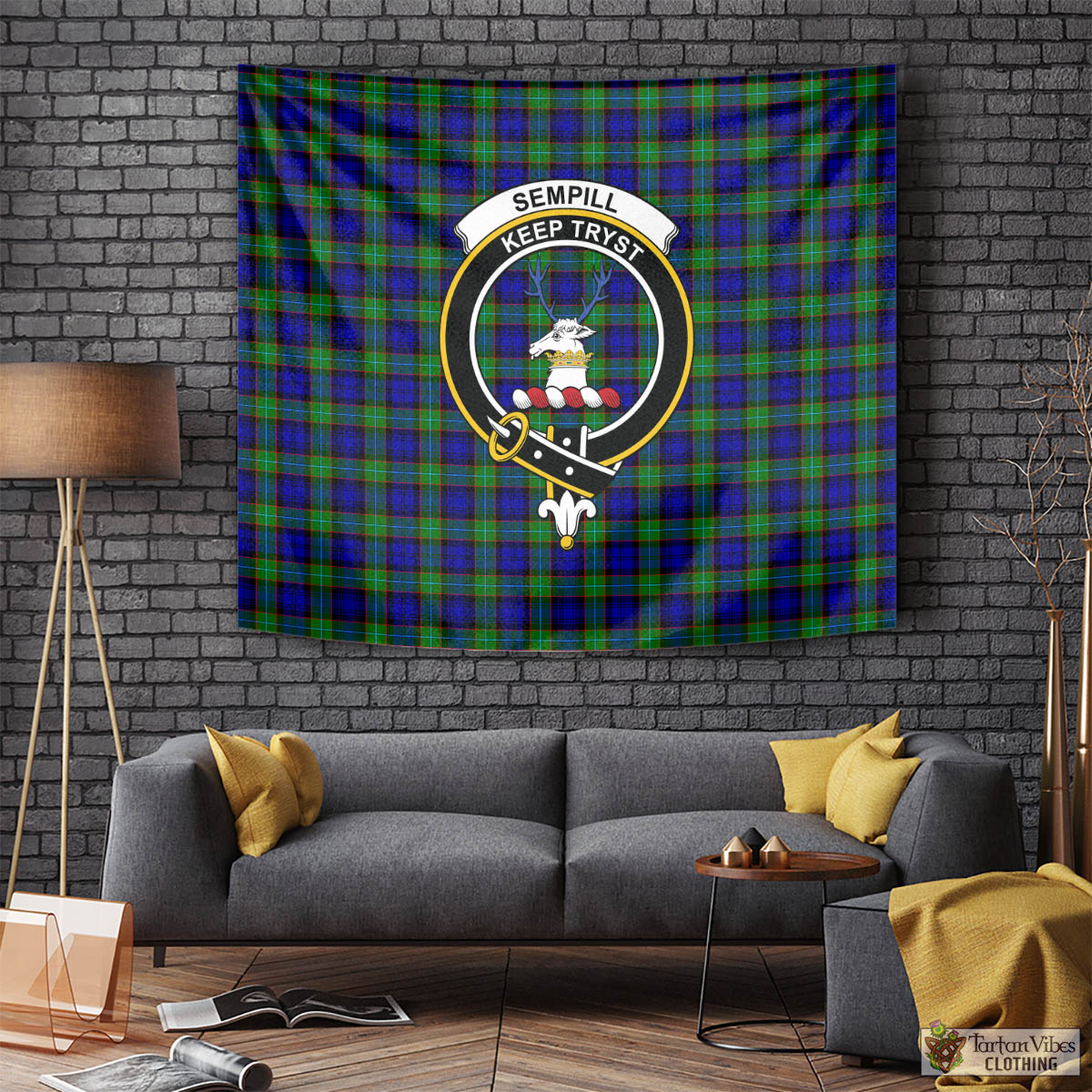 Tartan Vibes Clothing Sempill Modern Tartan Tapestry Wall Hanging and Home Decor for Room with Family Crest