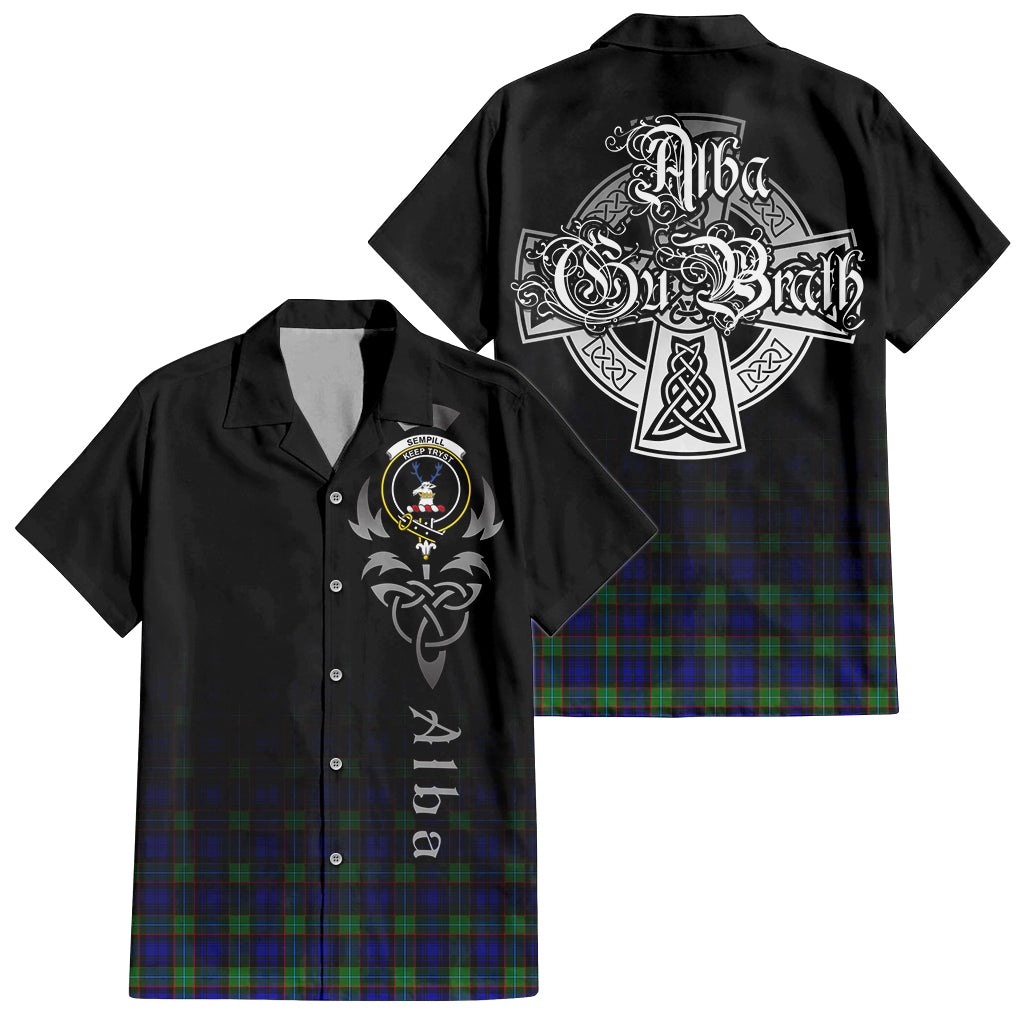 Tartan Vibes Clothing Sempill Modern Tartan Short Sleeve Button Up Featuring Alba Gu Brath Family Crest Celtic Inspired