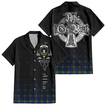 Sempill Modern Tartan Short Sleeve Button Up Shirt Featuring Alba Gu Brath Family Crest Celtic Inspired