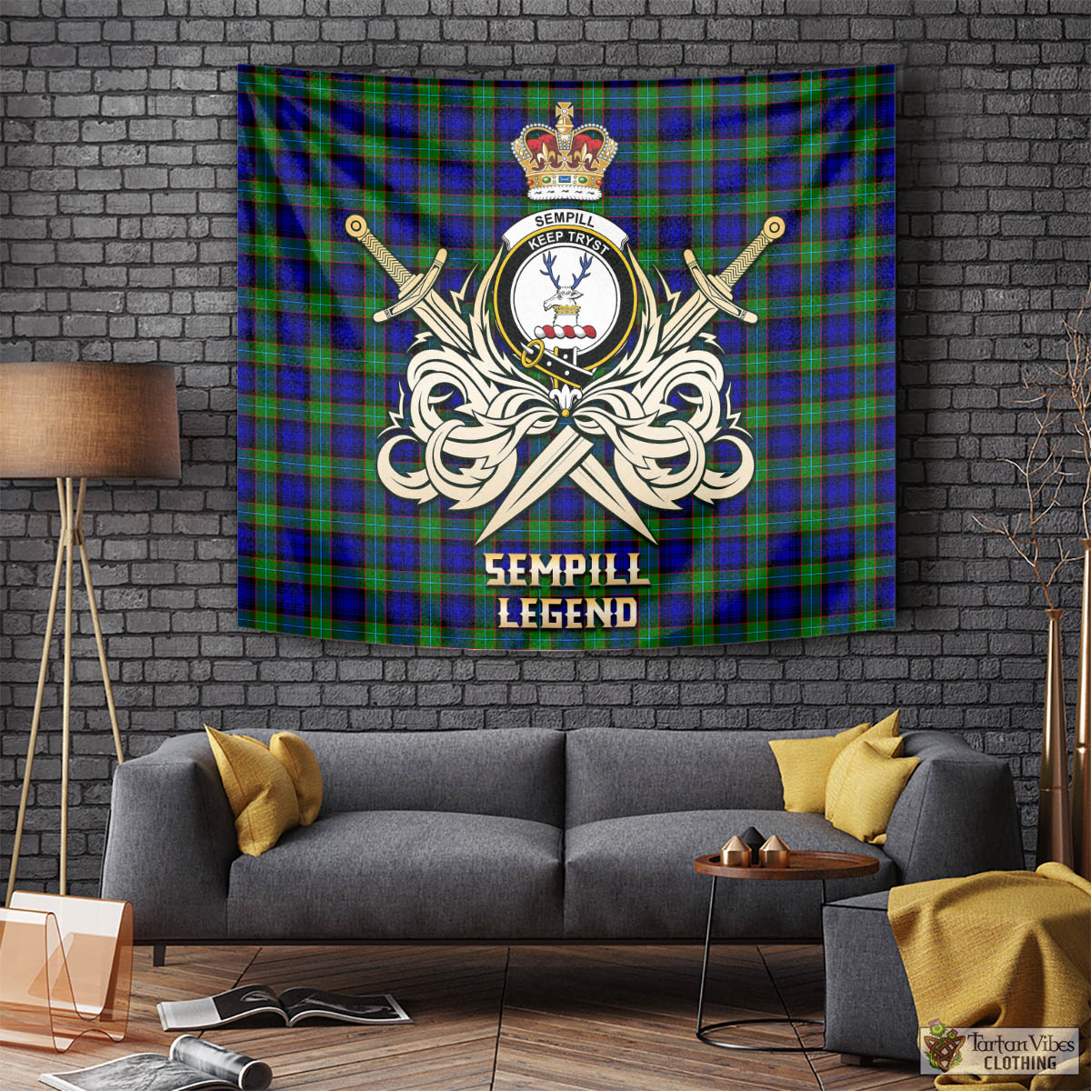 Tartan Vibes Clothing Sempill Modern Tartan Tapestry with Clan Crest and the Golden Sword of Courageous Legacy