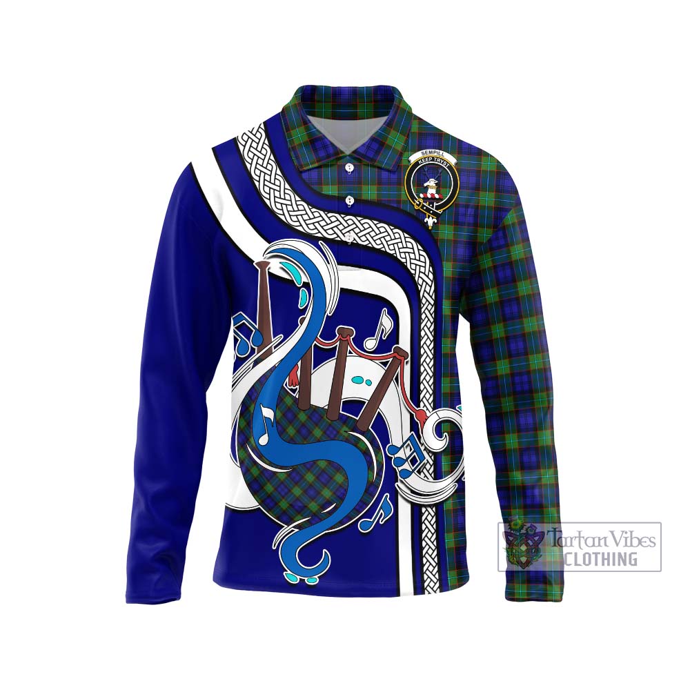 Tartan Vibes Clothing Sempill Modern Tartan Long Sleeve Polo Shirt with Epic Bagpipe Style