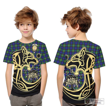 Sempill Modern Tartan Kid T-Shirt with Family Crest Celtic Wolf Style