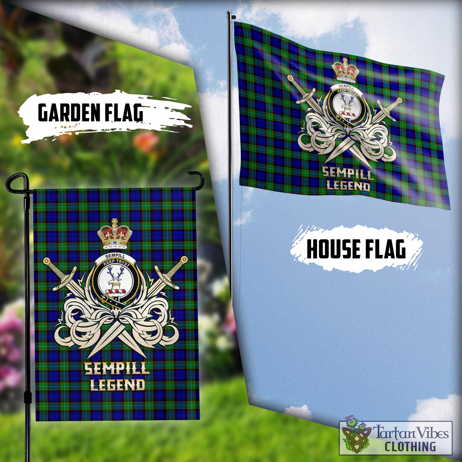 Tartan Vibes Clothing Sempill Modern Tartan Flag with Clan Crest and the Golden Sword of Courageous Legacy