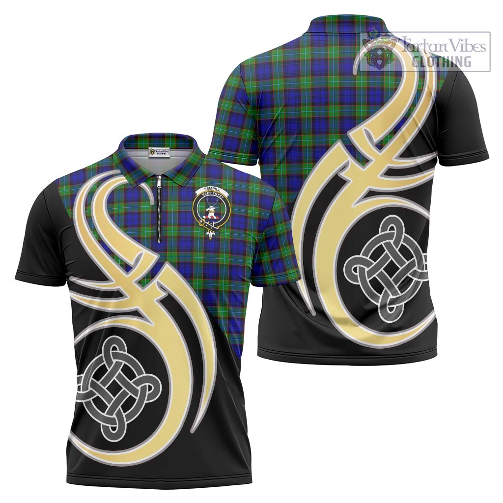 Tartan Vibes Clothing Sempill Modern Tartan Zipper Polo Shirt with Family Crest and Celtic Symbol Style