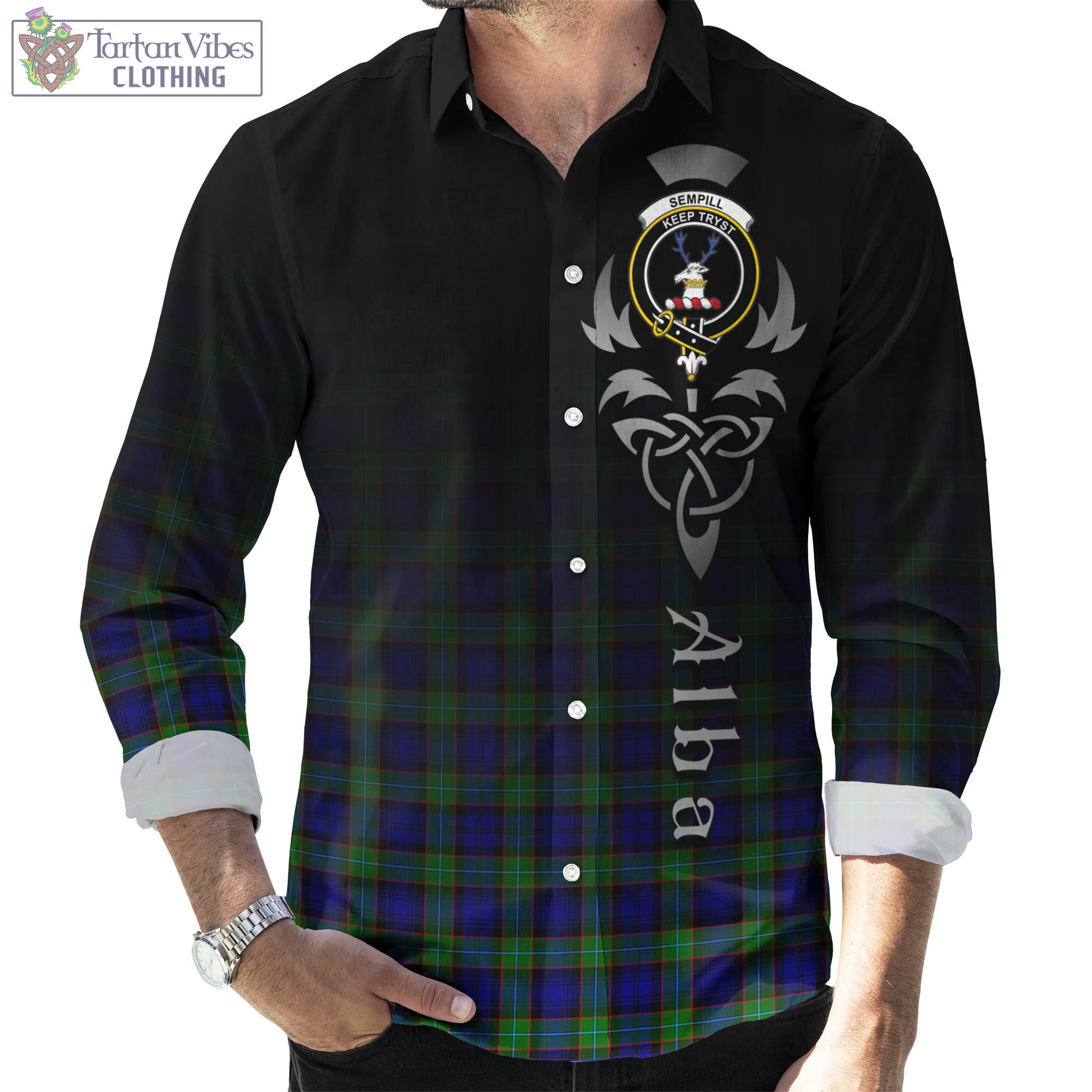 Tartan Vibes Clothing Sempill Modern Tartan Long Sleeve Button Up Featuring Alba Gu Brath Family Crest Celtic Inspired