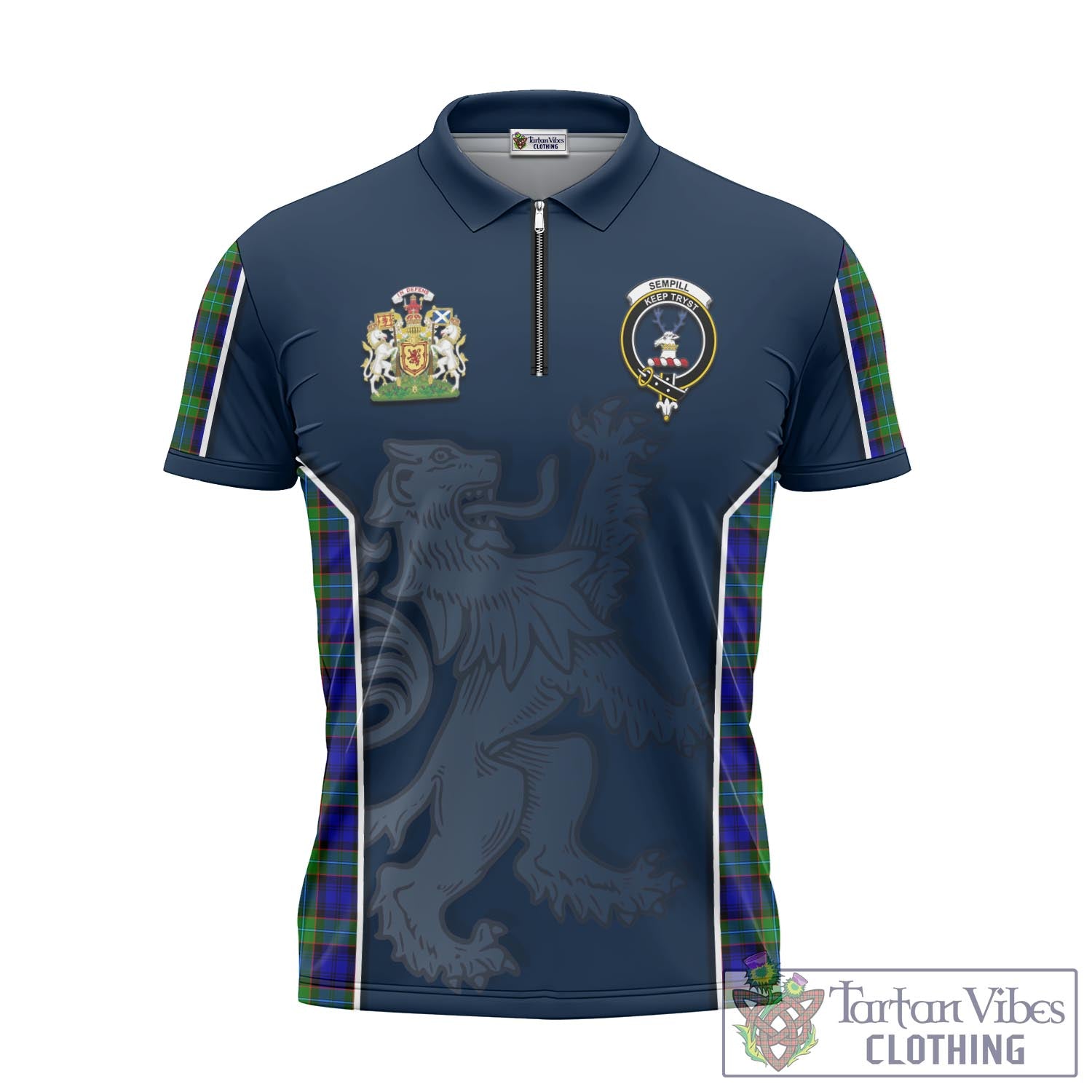 Tartan Vibes Clothing Sempill Modern Tartan Zipper Polo Shirt with Family Crest and Lion Rampant Vibes Sport Style