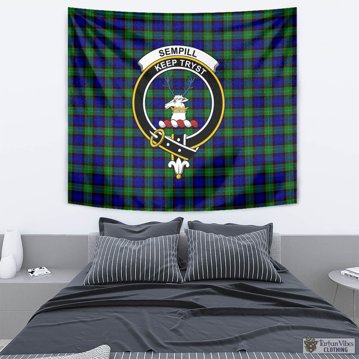 Tartan Vibes Clothing Sempill Modern Tartan Tapestry Wall Hanging and Home Decor for Room with Family Crest