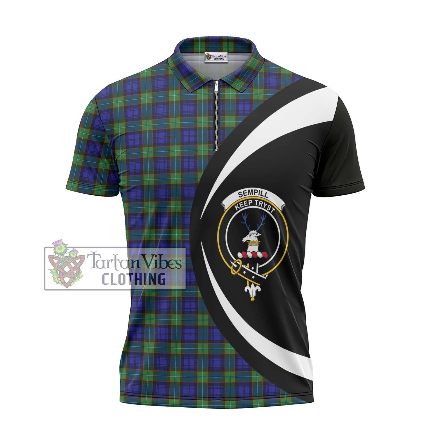 Sempill Modern Tartan Zipper Polo Shirt with Family Crest Circle Style - Tartan Vibes Clothing