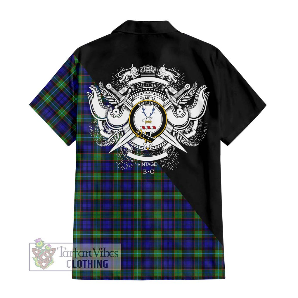 Sempill Modern Tartan Short Sleeve Button Shirt with Family Crest and Military Logo Style - Tartanvibesclothing Shop