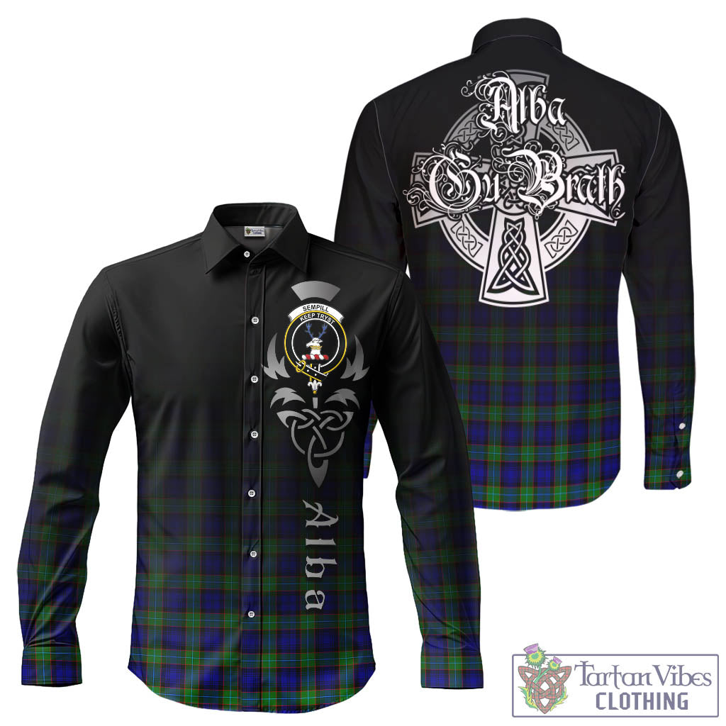 Tartan Vibes Clothing Sempill Modern Tartan Long Sleeve Button Up Featuring Alba Gu Brath Family Crest Celtic Inspired