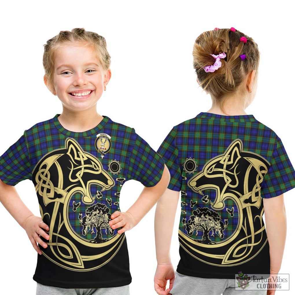 Sempill Modern Tartan Kid T-Shirt with Family Crest Celtic Wolf Style - Tartan Vibes Clothing