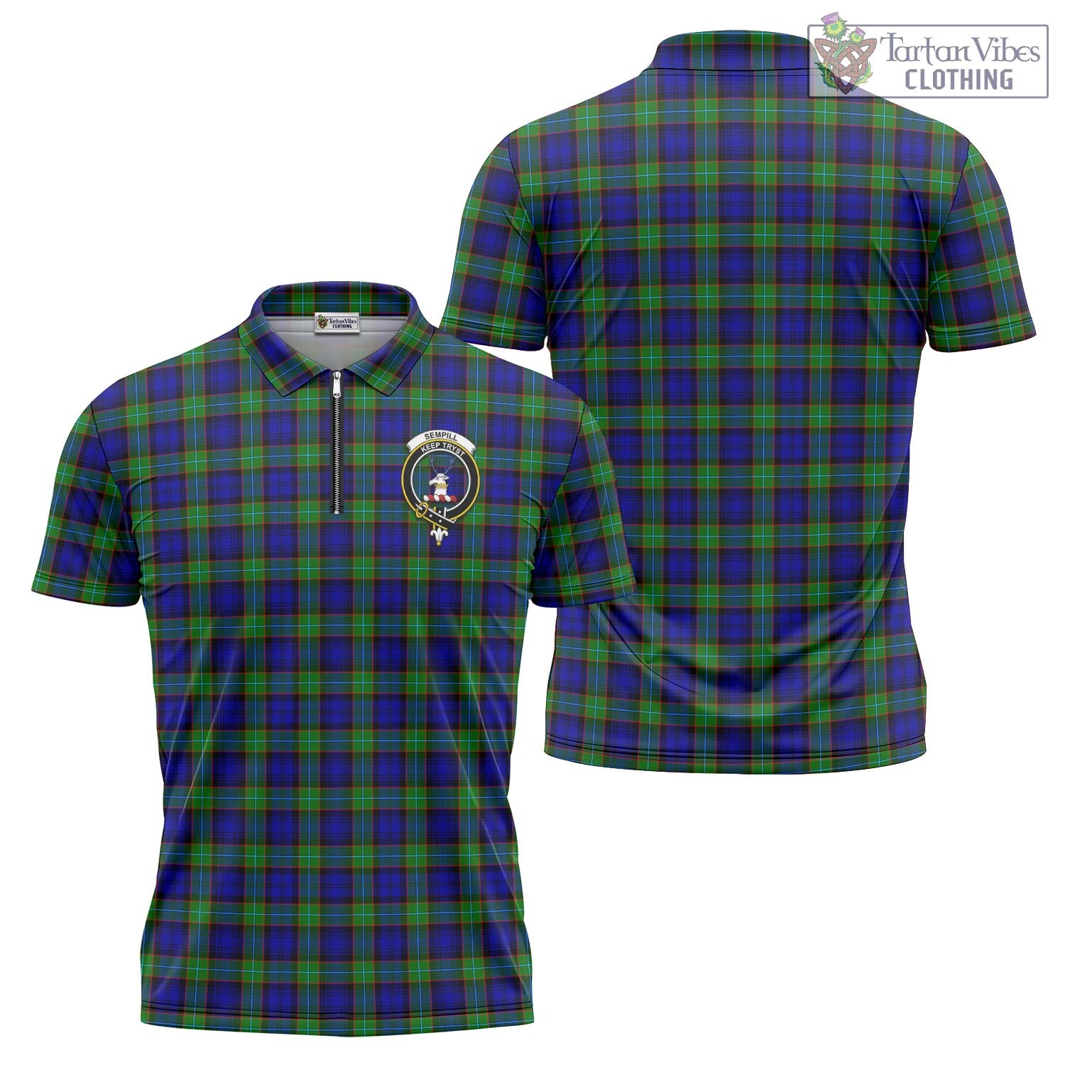 Tartan Vibes Clothing Sempill Modern Tartan Zipper Polo Shirt with Family Crest