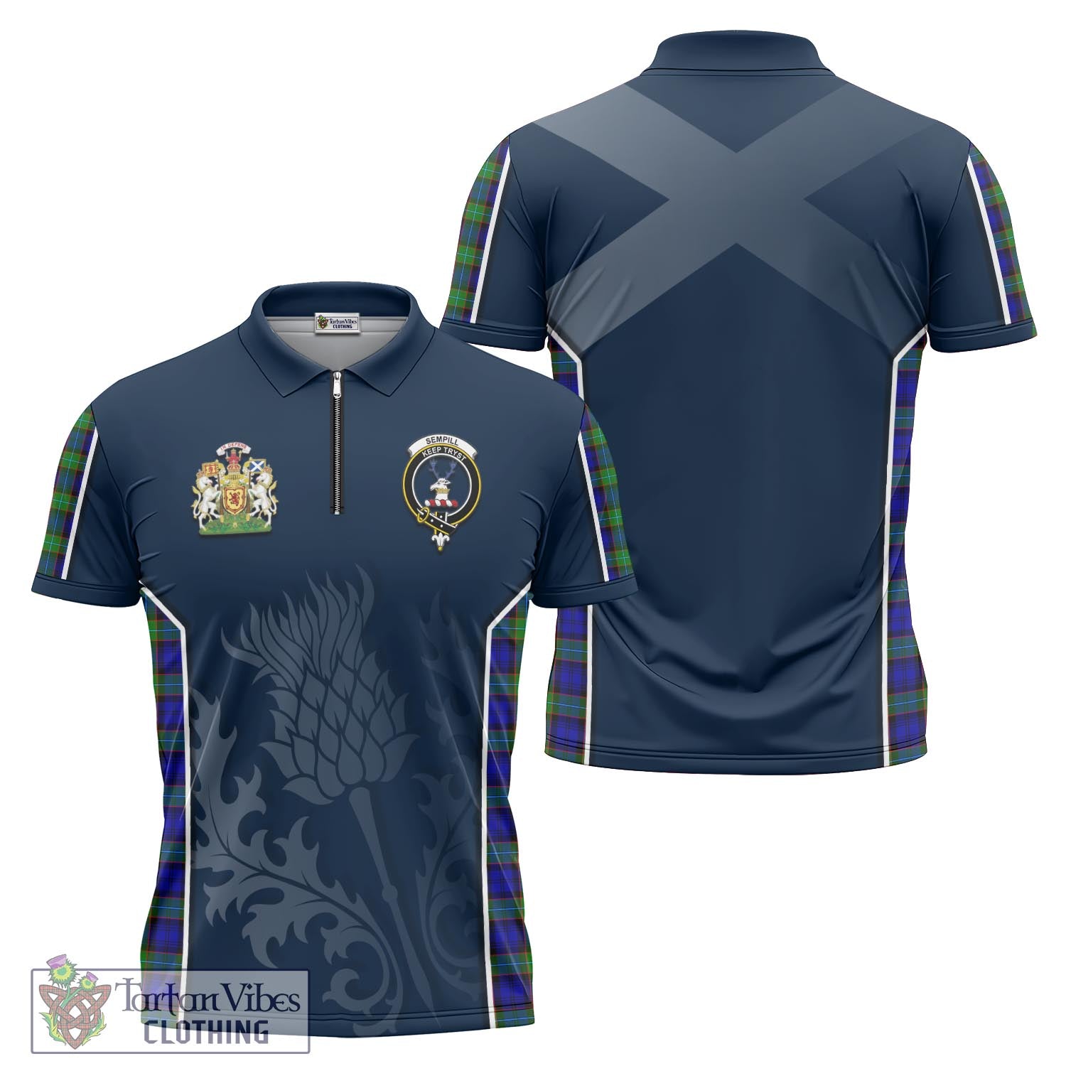 Tartan Vibes Clothing Sempill Modern Tartan Zipper Polo Shirt with Family Crest and Scottish Thistle Vibes Sport Style