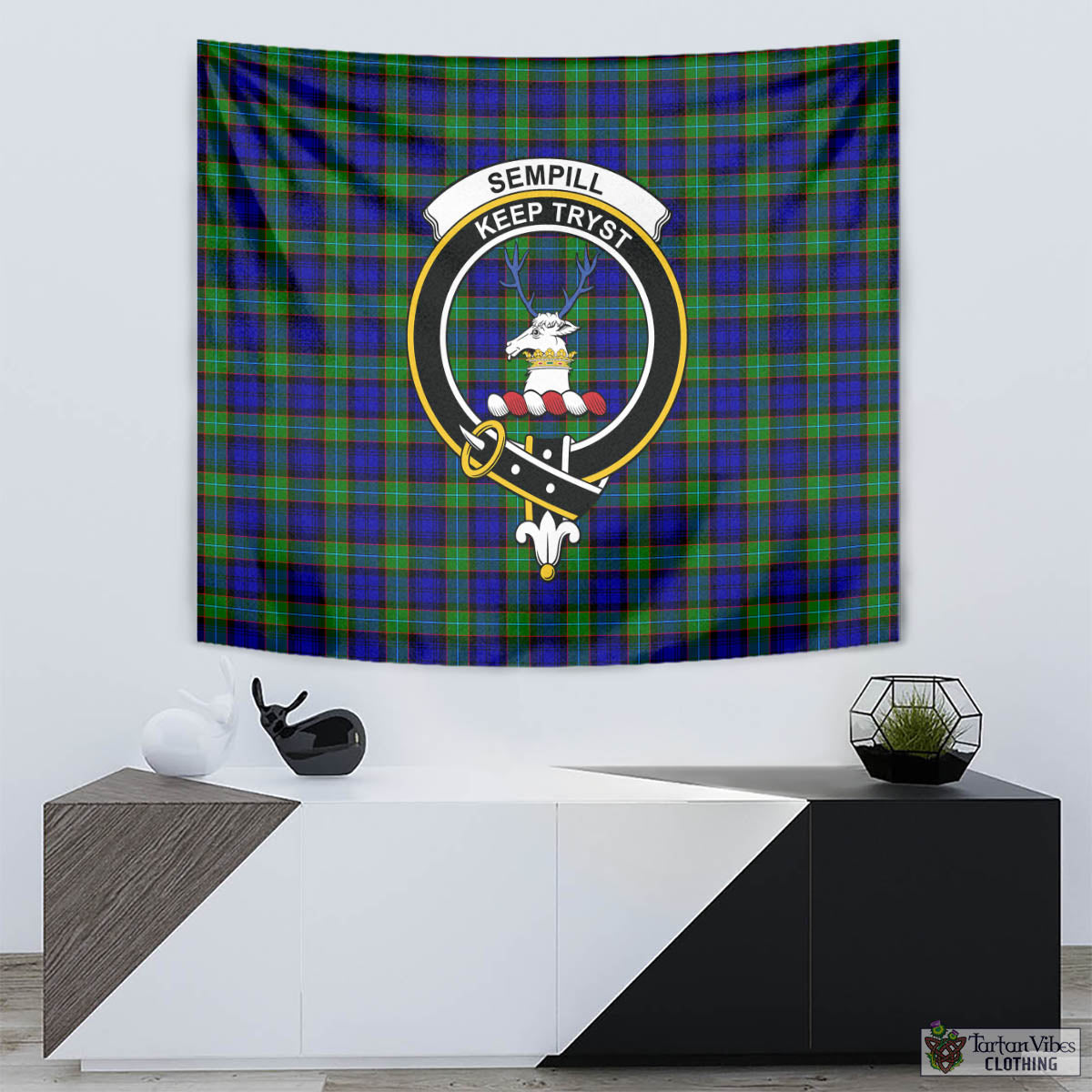 Tartan Vibes Clothing Sempill Modern Tartan Tapestry Wall Hanging and Home Decor for Room with Family Crest