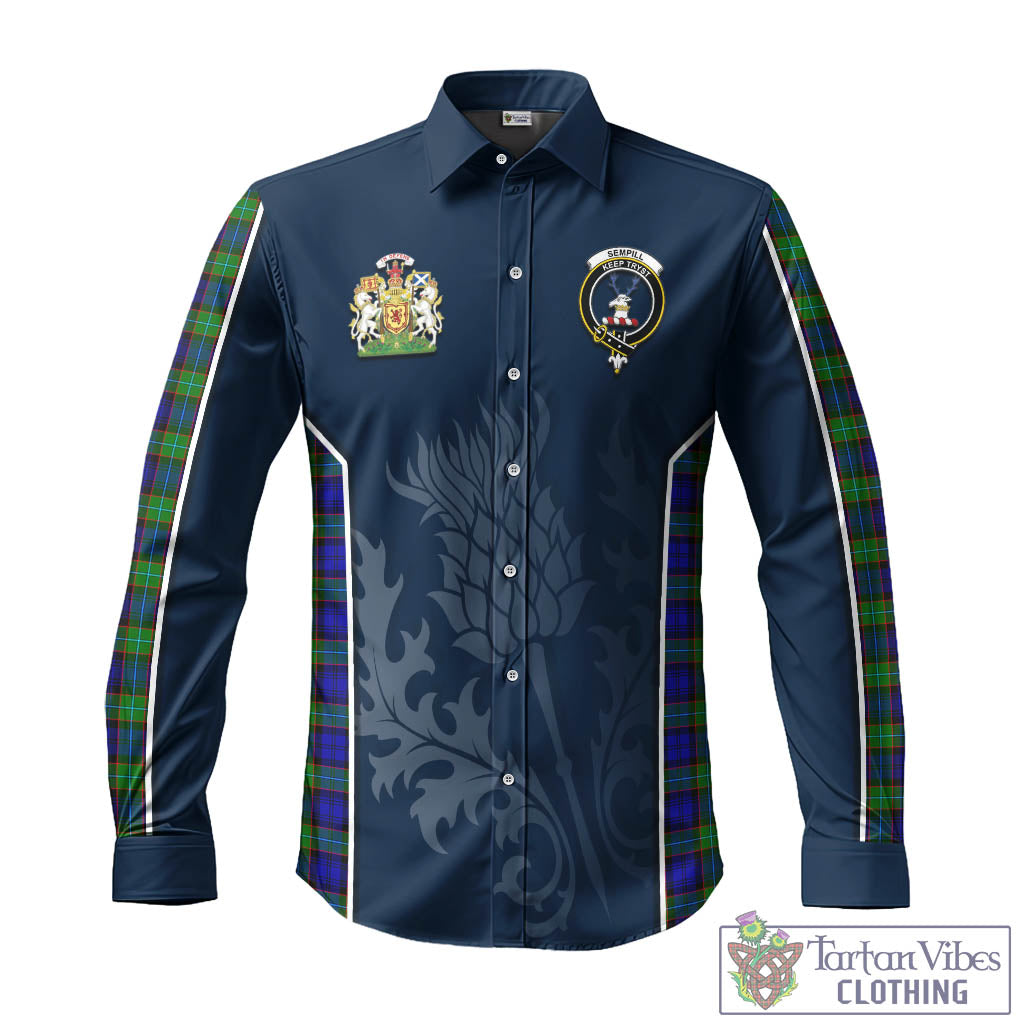 Tartan Vibes Clothing Sempill Modern Tartan Long Sleeve Button Up Shirt with Family Crest and Scottish Thistle Vibes Sport Style