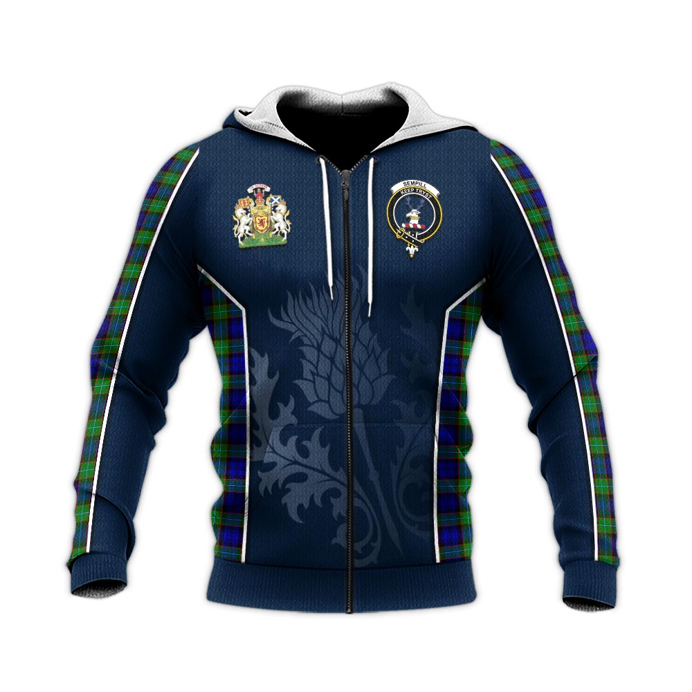 Tartan Vibes Clothing Sempill Modern Tartan Knitted Hoodie with Family Crest and Scottish Thistle Vibes Sport Style