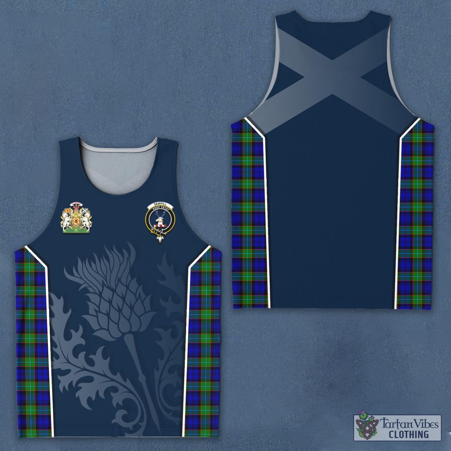 Tartan Vibes Clothing Sempill Modern Tartan Men's Tanks Top with Family Crest and Scottish Thistle Vibes Sport Style