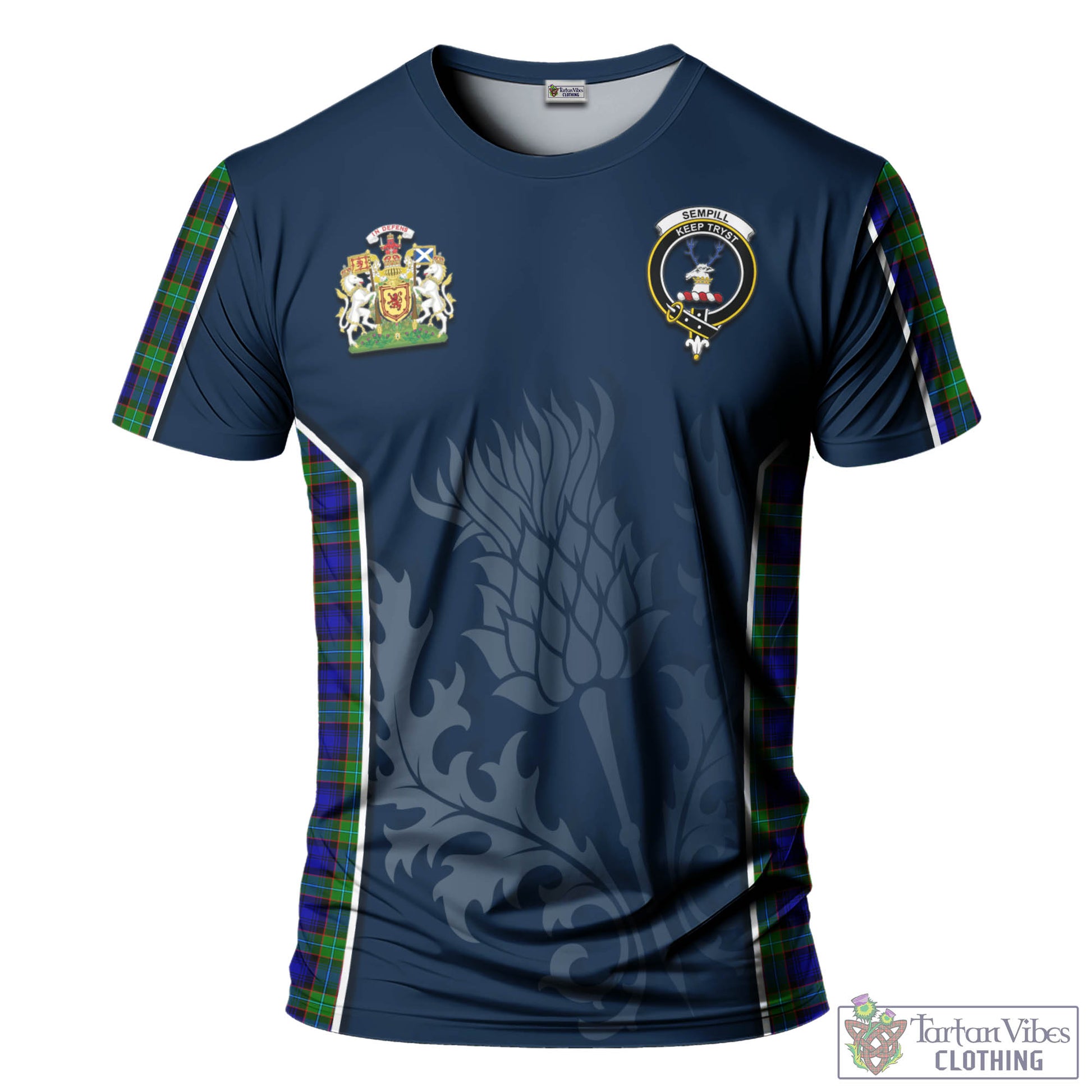 Tartan Vibes Clothing Sempill Modern Tartan T-Shirt with Family Crest and Scottish Thistle Vibes Sport Style