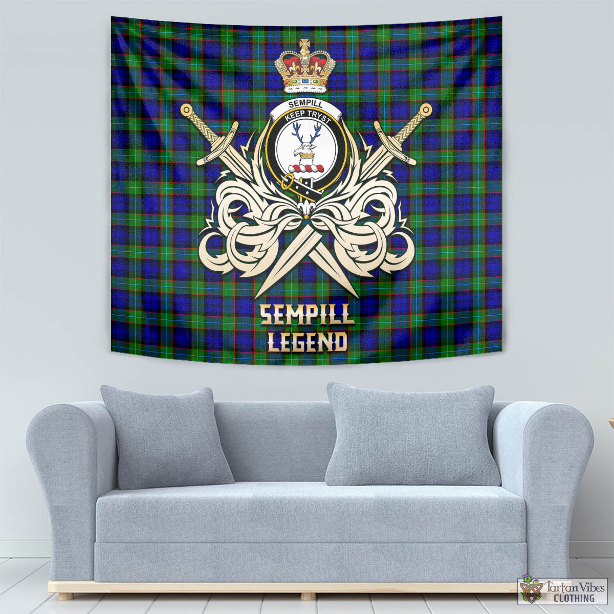 Tartan Vibes Clothing Sempill Modern Tartan Tapestry with Clan Crest and the Golden Sword of Courageous Legacy