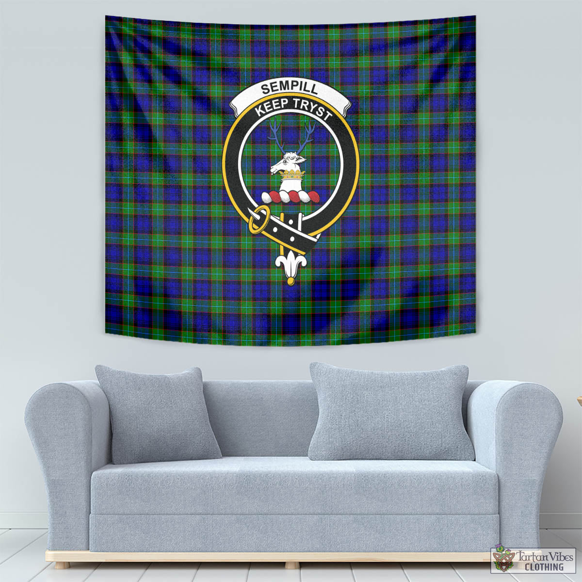 Tartan Vibes Clothing Sempill Modern Tartan Tapestry Wall Hanging and Home Decor for Room with Family Crest