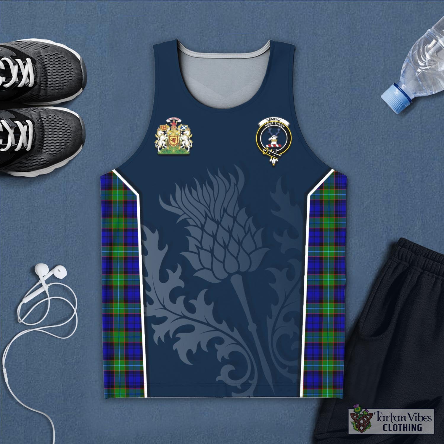 Tartan Vibes Clothing Sempill Modern Tartan Men's Tanks Top with Family Crest and Scottish Thistle Vibes Sport Style