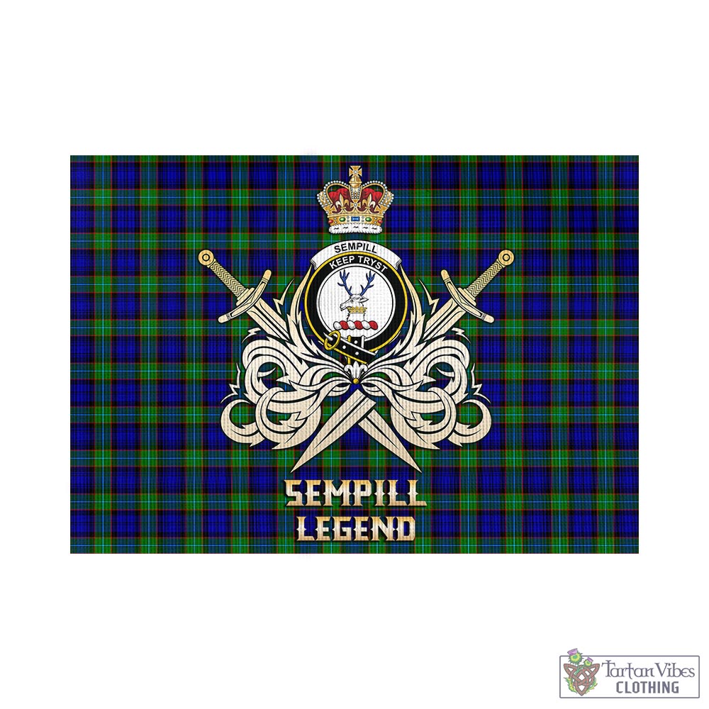 Tartan Vibes Clothing Sempill Modern Tartan Flag with Clan Crest and the Golden Sword of Courageous Legacy