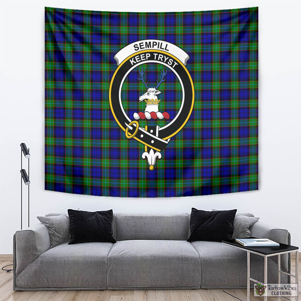 Tartan Vibes Clothing Sempill Modern Tartan Tapestry Wall Hanging and Home Decor for Room with Family Crest