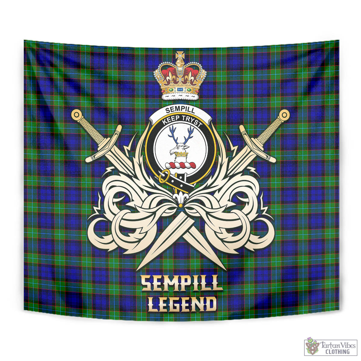 Tartan Vibes Clothing Sempill Modern Tartan Tapestry with Clan Crest and the Golden Sword of Courageous Legacy