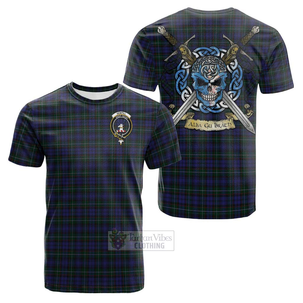 Tartan Vibes Clothing Sempill (Semple) Tartan Cotton T-shirt with Family Crest Celtic Skull Style