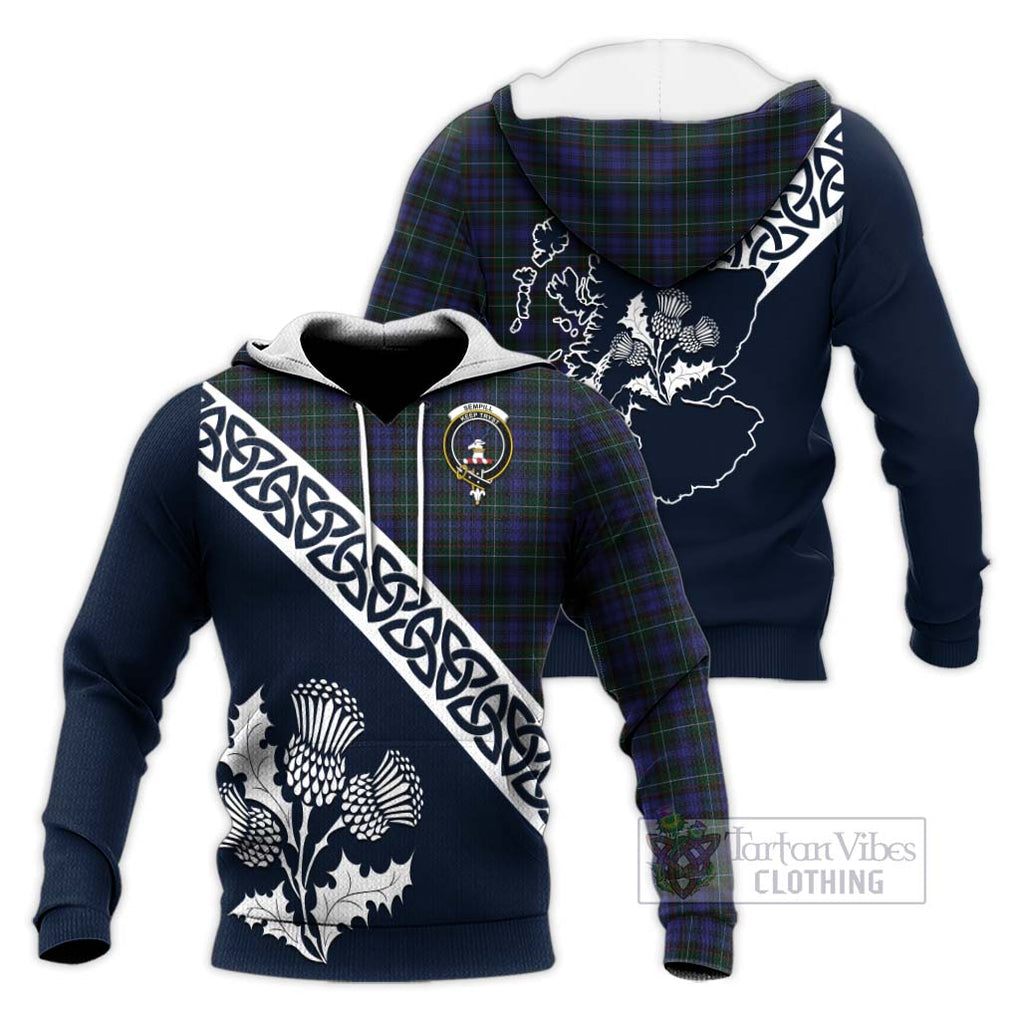 Tartan Vibes Clothing Sempill (Semple) Tartan Knitted Hoodie Featuring Thistle and Scotland Map